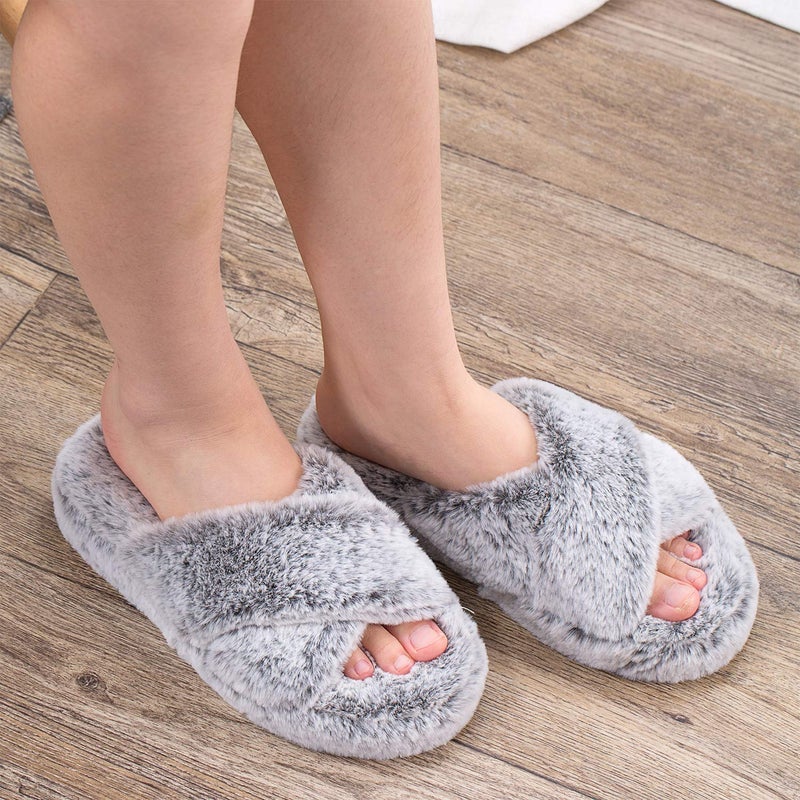 DL Fluffy Women's Comfy Plush House Slippers - Cross Band Open Toe, Fuzzy Memory Foam, Non-Slip Slip On Bedroom Footwear - Indoor Pink, Gray, Black, White - Image 2